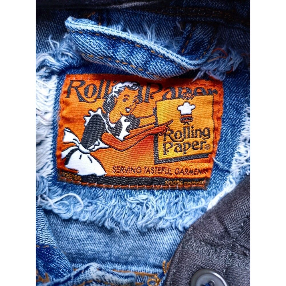 Rolling Paper Denim Jacket Men's Size XL Paint Splatter Front Pockets Hooded - Picture 5 of 10